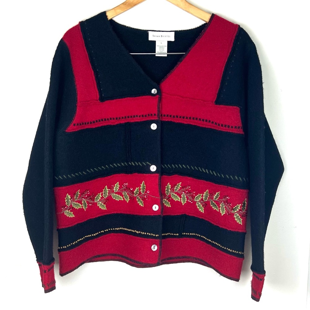 Vintage Y2K Susan Bristol Wool Winter Embroidered Sequin Cardigan
